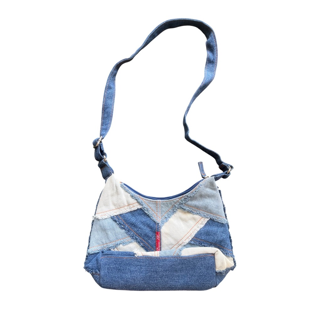 Denim Blues Patchwork Hobo Bag Blue Cream Frayed Crossbody Vintage Style